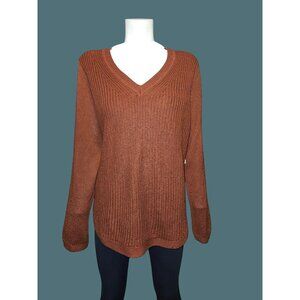 RD Style Rust V-Neck Knit Curved Flattering Hemline Sweater Women Size L